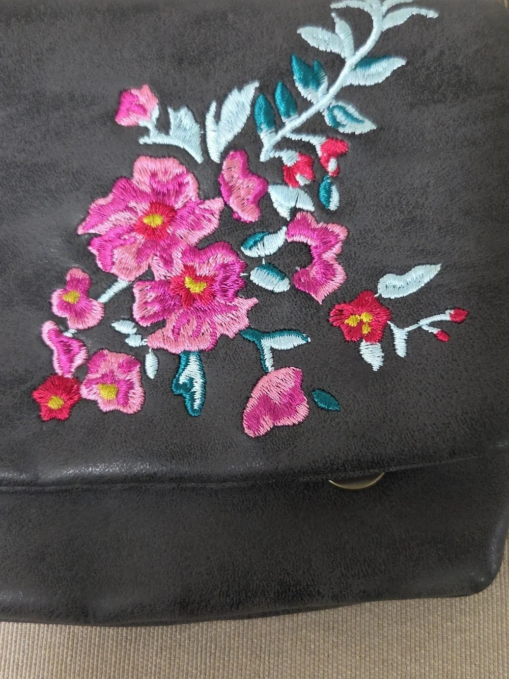Embroidered Floral Grey Crossbody Bag